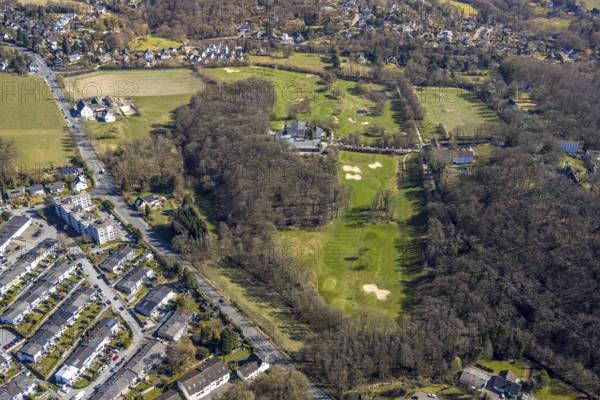 Aerial view, golfing in Herdecke, golf player on the golf course and bunker, Ostend, Herdecke, Ruhr