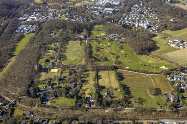 Aerial view, golfing in Herdecke, golf course and bunker, residential area Ostend, Herdecke, Ruhr