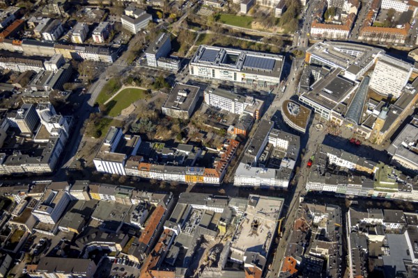 Aerial view, city centre with Rathaus Galerie, pedestrian zone Rathauspassage, medium-sized town,