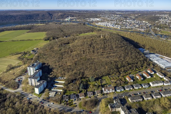 Aerial view, forest area Kaisberg and Freiherr-vom-Stein-Turm, skyscrapers at the edge of the