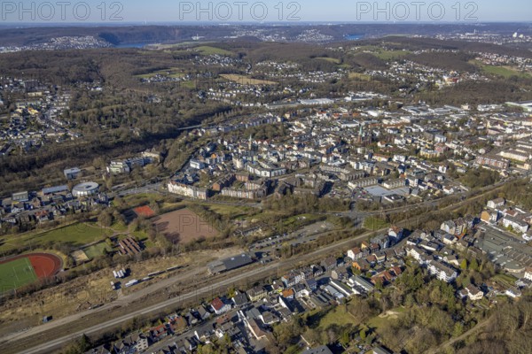 Aerial view, district sports centre Haspe, Haspe sports club, view of Haspe, Haspe, Hagen, Ruhr