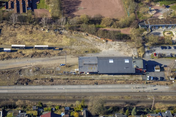 Aerial photo, AREA52 GmbH Hagen on the railway line around the Haspe district sports facility,