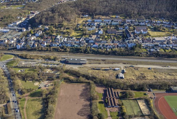 Aerial view, AREA52 GmbH Hagen on the railway line and Waldstraße residential area at the Haspe