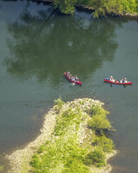 Aerial view, canoeist on the river Ruhr, Hattingen, Ruhr area, North Rhine-Westphalia, Germany, DE,