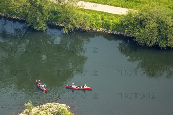 Aerial view, canoeist on the river Ruhr, ruhr-kanu.de, Hattingen, Ruhr area, North