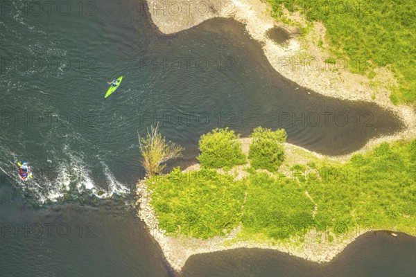 Aerial view, kayaker on the river Ruhr and rapids, Hattingen, Ruhr area, North Rhine-Westphalia,