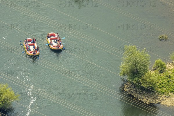 Aerial view, dinghy and rowers on the river Ruhr with groynes, Ruhr-Piraten.com, Hattingen, Ruhr