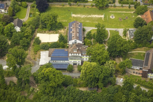 Aerial view, Beluga (sturgeon), roof with solar panels, Hattingen, Ruhr area, North