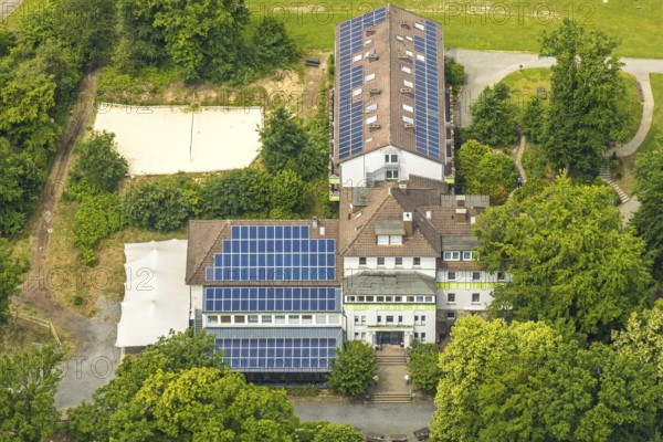 Aerial view, Beluga (sturgeon), roof with solar panels, Hattingen, Ruhr area, North