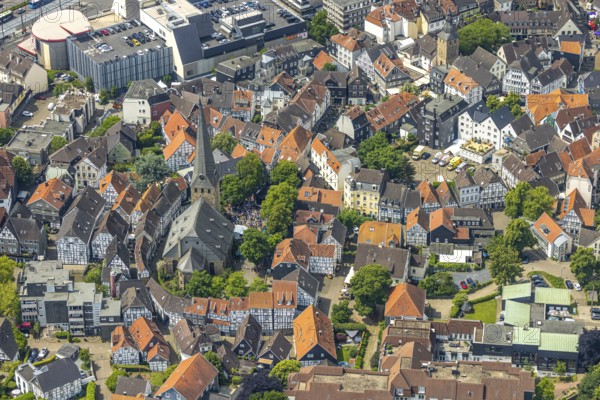 Aerial view, historic old town centre with St.-Georg-Kirche and city festival on the church square,