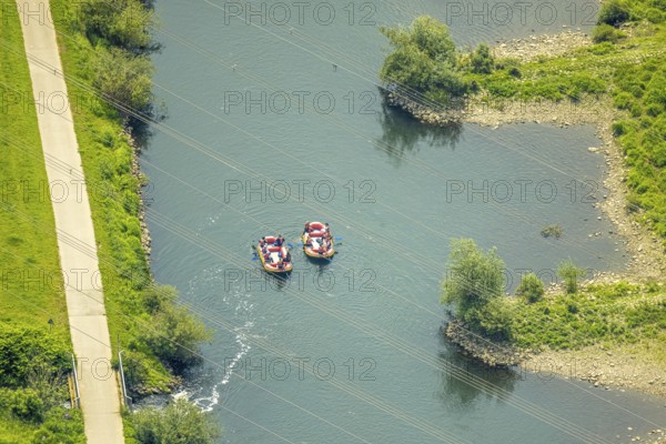 Aerial view, dinghy and rowers on the river Ruhr with groynes, Ruhr-Piraten.com, Hattingen, Ruhr