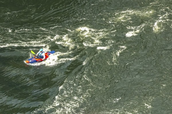 Aerial view, kayaker on the river Ruhr and rapids, Hattingen, Ruhr area, North Rhine-Westphalia,