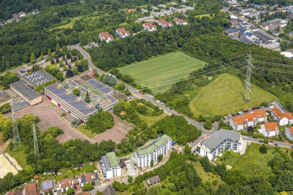 Aerial view, Gymnasium Holthausen Lindstockstraße with solar panels, open space and green area next