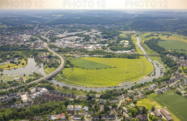 Aerial view, Ruhrbogen mit Leinpfad und Ruhraue Im Klyffer Feld, Ruhrbrücke Bochumer Straße and