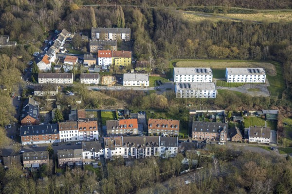 Aerial view, residential area and refugee homes on Katernberger Straße, Feldmark, Gelsenkirchen,