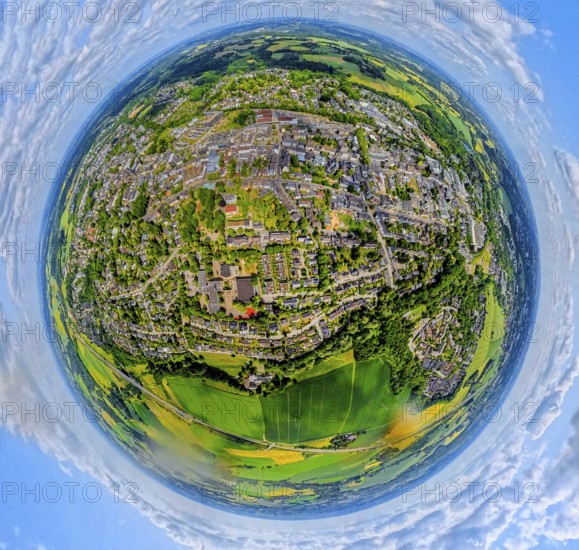 Residential area local view Heiligenhaus centre, earth globe, fisheye shot, 360 degree shot, tiny