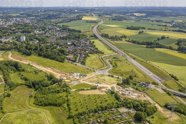 Aerial view, construction site new motorway construction section of the A44, gap closure between