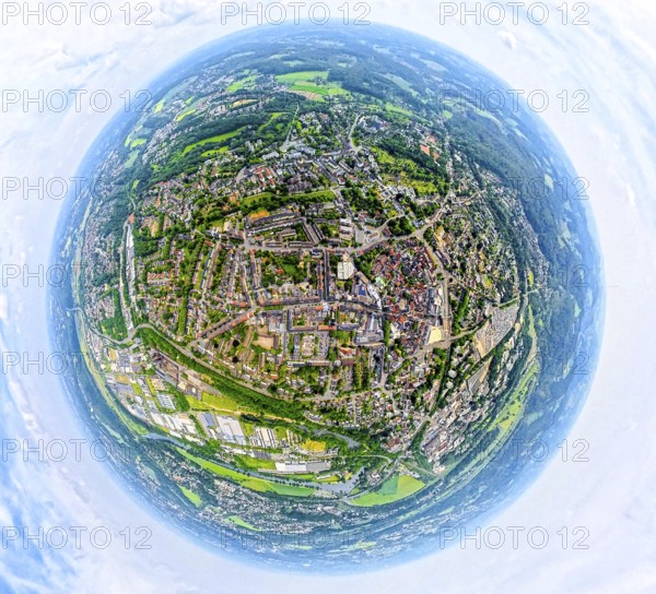Aerial view, city centre and old town with red roofs, globe, fisheye image, fisheye image, 360