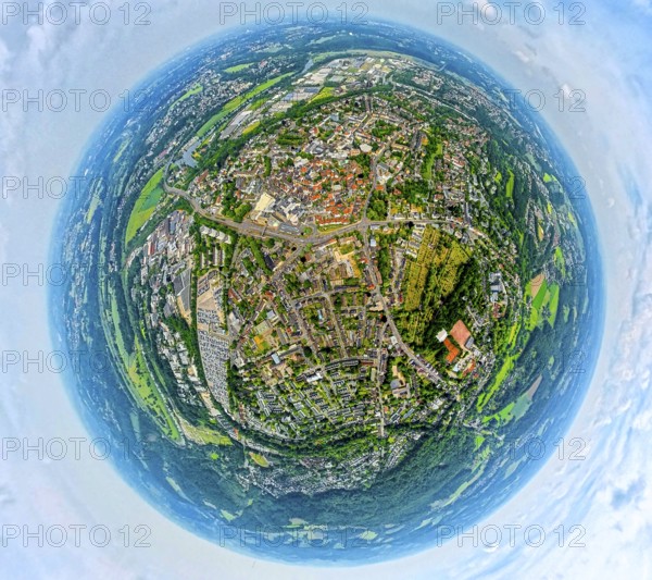Aerial view, city centre and old town with red roofs, globe, fisheye image, fisheye image, 360