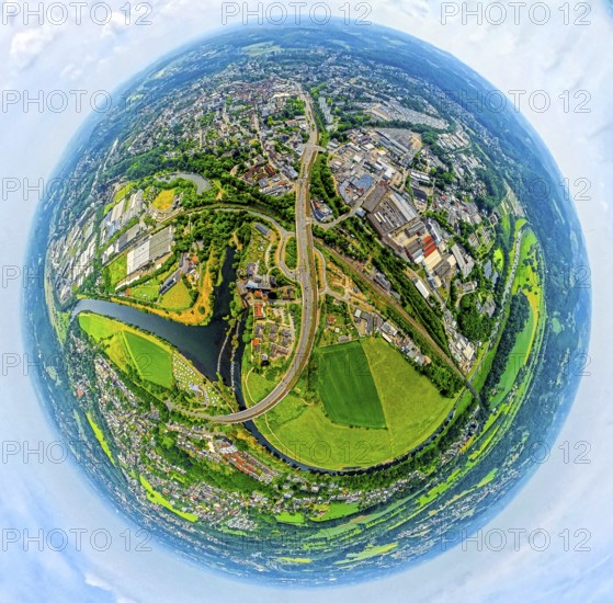Aerial view, river Ruhr and campsite Ruhrbrücke and Ruhrbogen, Martin-Luther-Straße, right