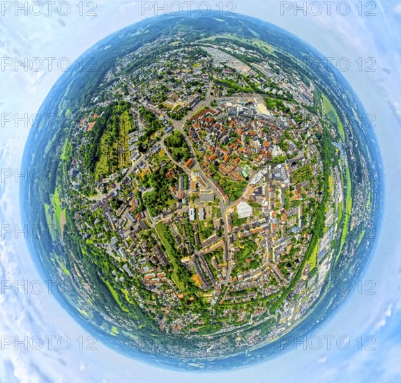 Aerial view, city centre and old town with red roofs, globe, fisheye image, fisheye image, 360
