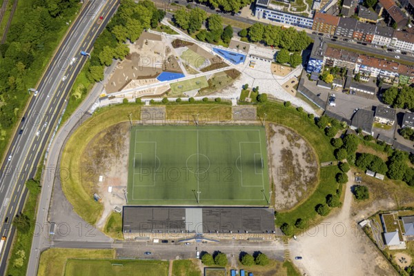 Aerial view, Glückauf Kampfbahn football stadium at Ernst-Kuzorra-Platz with construction site and