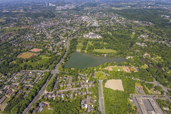 Aerial view, Berger See and neighbouring Schloss Berge with castle park, moated castle and hotel,