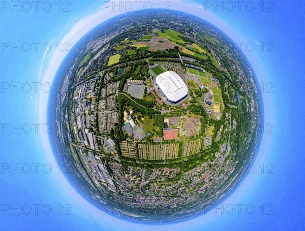 Aerial view, Berger Feld, Schalke Arena Park with Veltins Arena football stadium, globe, fisheye