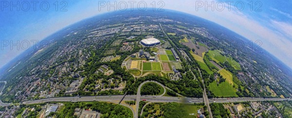 Aerial view, Berger Feld, Schalke Arena Park with Veltins Arena football stadium, A2 motorway and