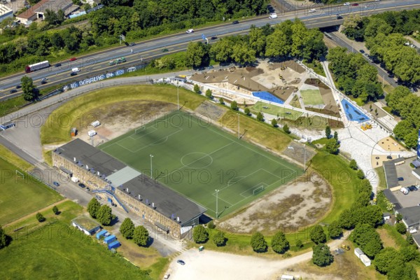 Aerial view, Glückauf Kampfbahn football stadium at Ernst-Kuzorra-Platz with construction site and