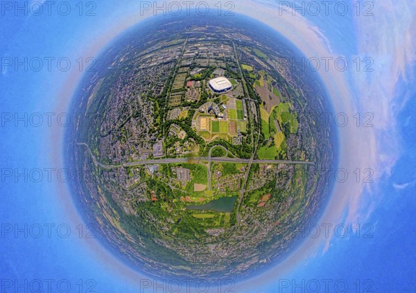 Aerial view, Berger Feld, Schalke Arena Park with Veltins Arena football stadium, globe, fisheye