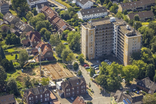Aerial view, problem high-rise building Steinstraße and construction site new development area,