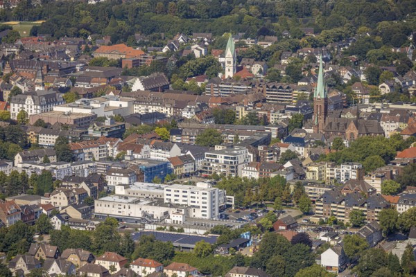 Aerial view, city centre view with Evangelical Lutheran Church of Christ and Catholic Church of St.