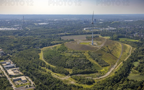 Aerial view, Mottbruchhalde with wind turbine and distant view, Brauck, Gladbeck, Ruhr area, North