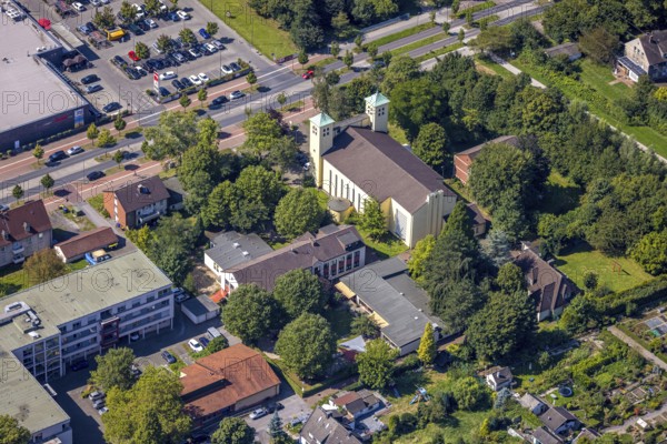 Aerial view, St. Marien Catholic Church with double church tower, International Girls' Centre