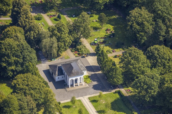 Aerial view, Brauck cemetery burial ground and cemetery chapel, Brauck, Gladbeck, Ruhr area, North
