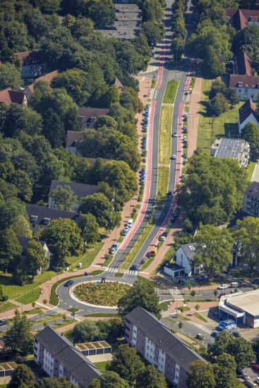 Aerial view, road traffic and planted roundabout Horster Straße and Wiesmannstraße, red marked