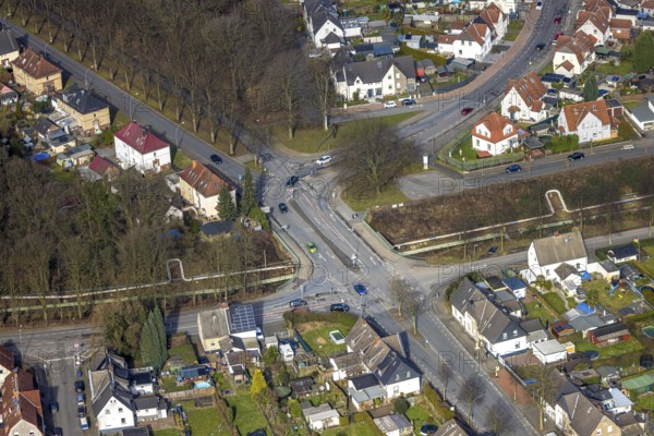 Aerial view, bridge Arenbergstraße over pipelines and railway line, road traffic, Rentfort,