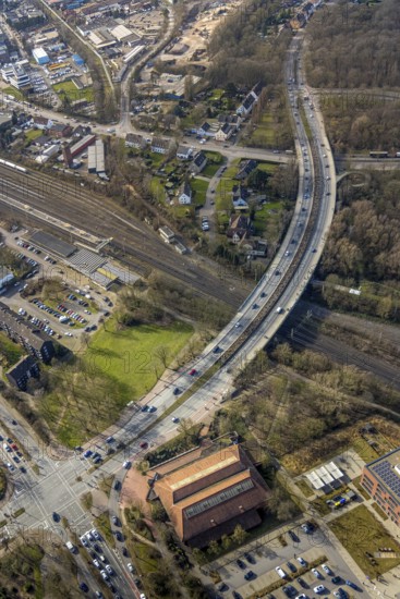 Aerial view, road traffic bridge Sandstraße and railway station Gladbeck-West,