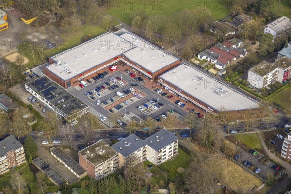 Aerial view, shopping centre Nahversorgungszentrum GZ-Nord with Rewe supermarket, Rossmann and