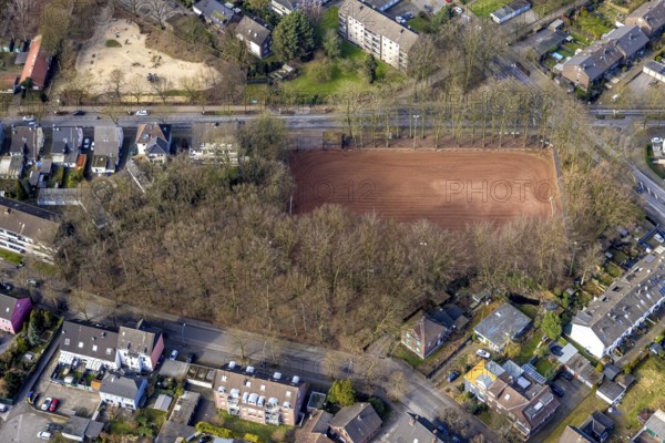 Aerial view, cinder pitch sports field Dorstener Straße corner Tunnelstraße, surrounded by trees,