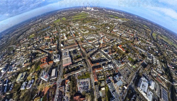 Aerial view, city centre view with ktah. Church St. Lamberti and town hall, behind the Uniper power