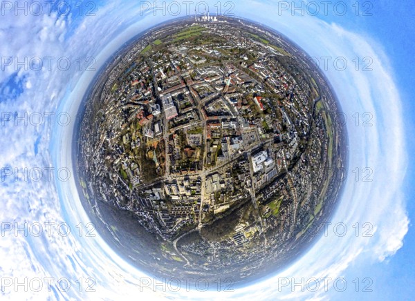 Aerial view, city centre view with ktah. Church St. Lamberti and town hall, behind the Uniper power
