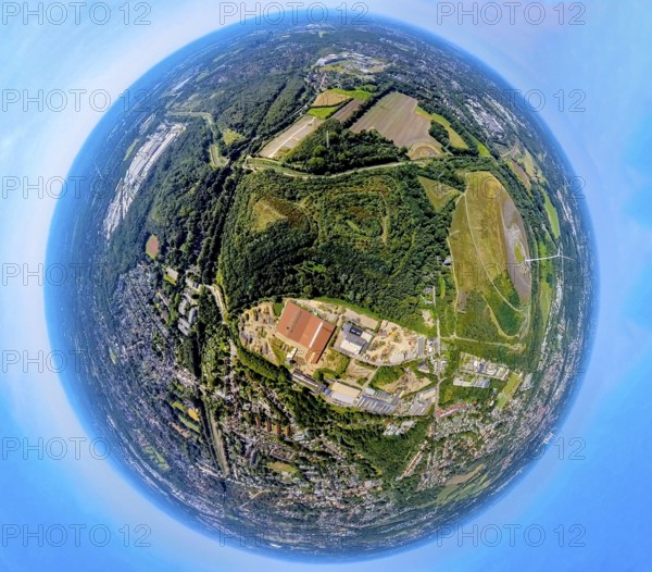 Aerial view, tailings pile Heringstraße, forest area and river Boye, industrial area Boystraße,