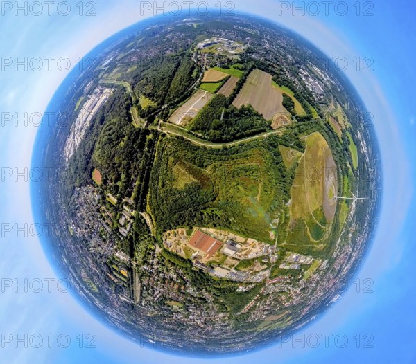 Aerial view, tailings pile Heringstraße, forest area and river Boye, industrial area Boystraße,