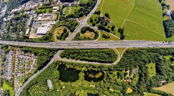 Aerial view, motorway A2, junction Essen/Gladbeck, federal road B224, truck in the exit loop,