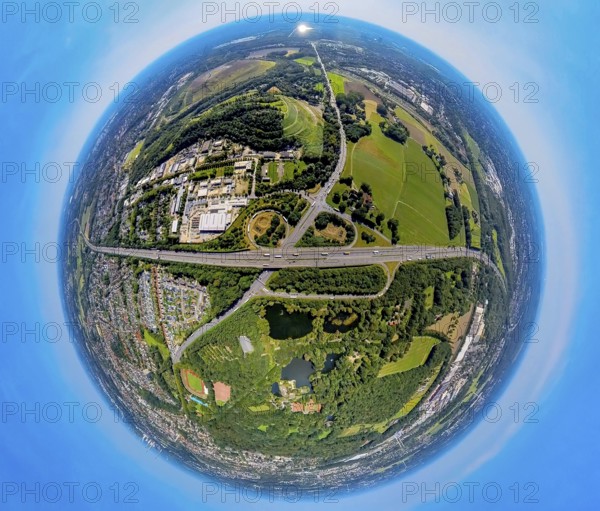 Aerial view, motorway A2, junction Essen/Gladbeck, federal road B224, truck in the exit loop, below