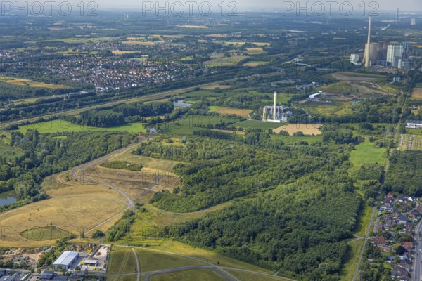 Aerial view, Radbod spoil tip with spoil tip sign, behind the RWE Generation SE Gersteinwerk power