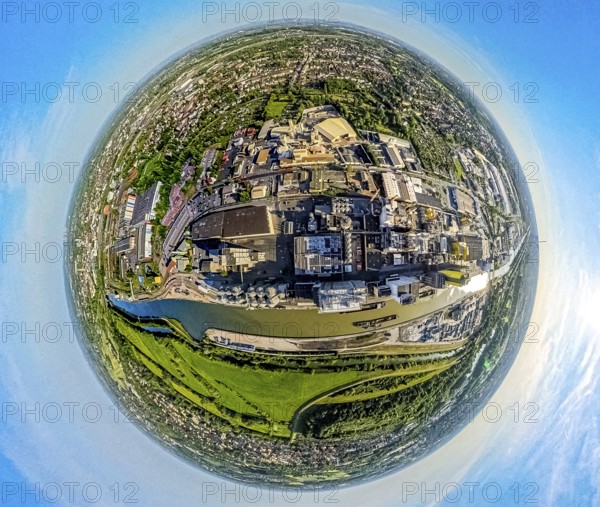 Aerial view, Hamm harbour on the Datteln-Hamm canal with inland waterway, globe, fisheye image, 360