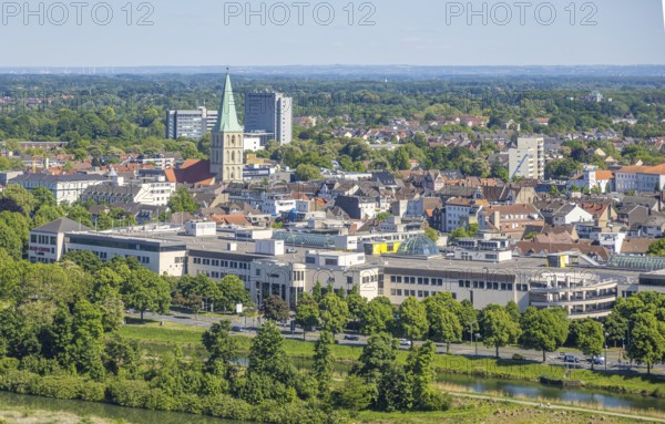 Aerial view, view from the Datteln-Hamm canal to the city centre, Allee-Center and Pauluskirche,